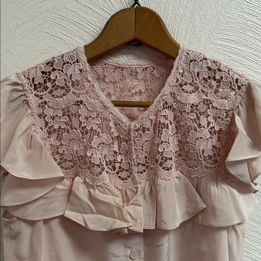Rebecca Taylor Silk Pink Lace Ruffle Button-Front Top